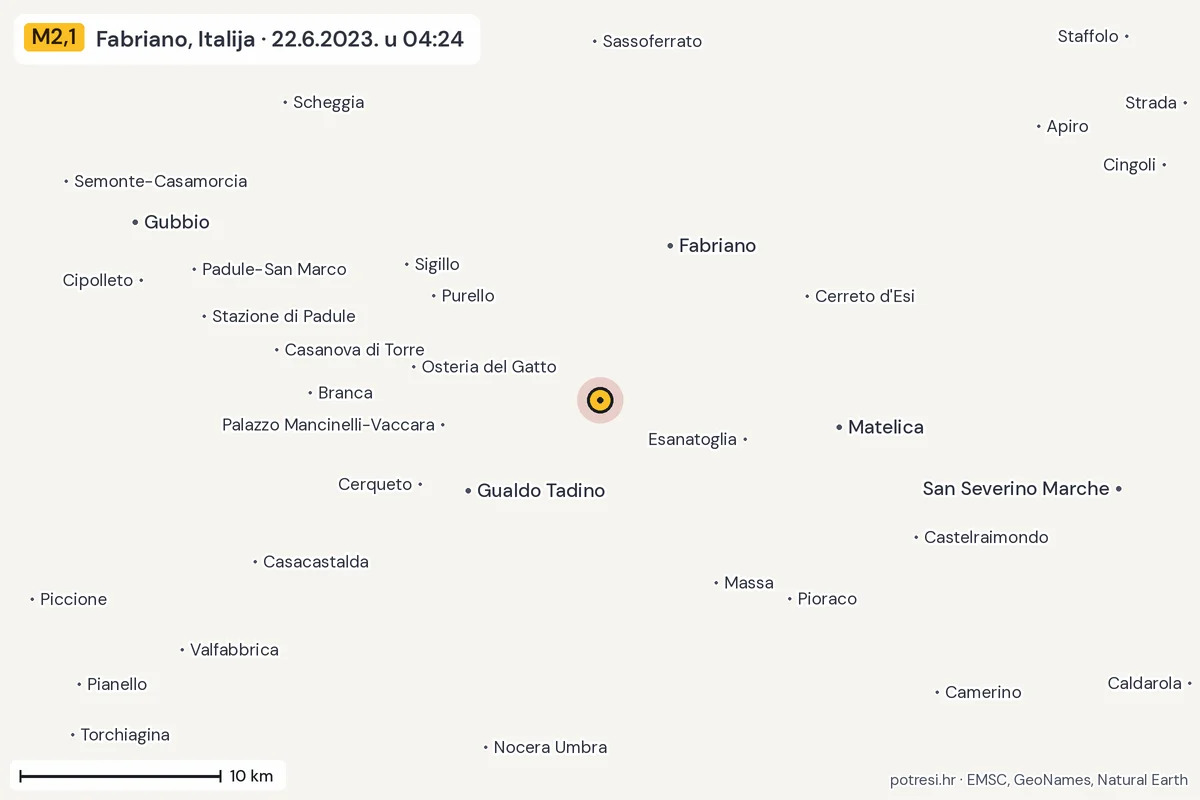 Karta: okolica epicentra, 60 km, potres M2,1, Fabriano, Italija, 22.6.2023.