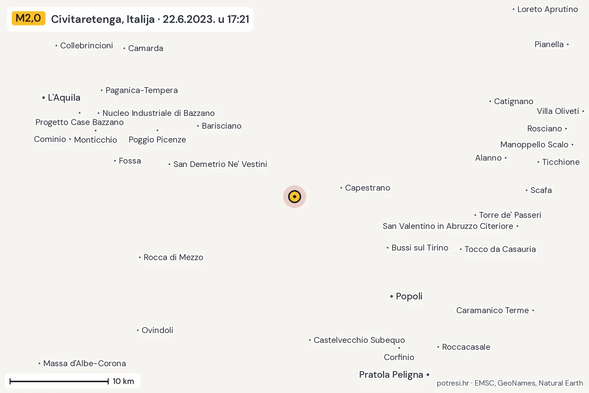 Karta: okolica epicentra, 60 km, potres M2,0, Civitaretenga, Italija, 22.6.2023.