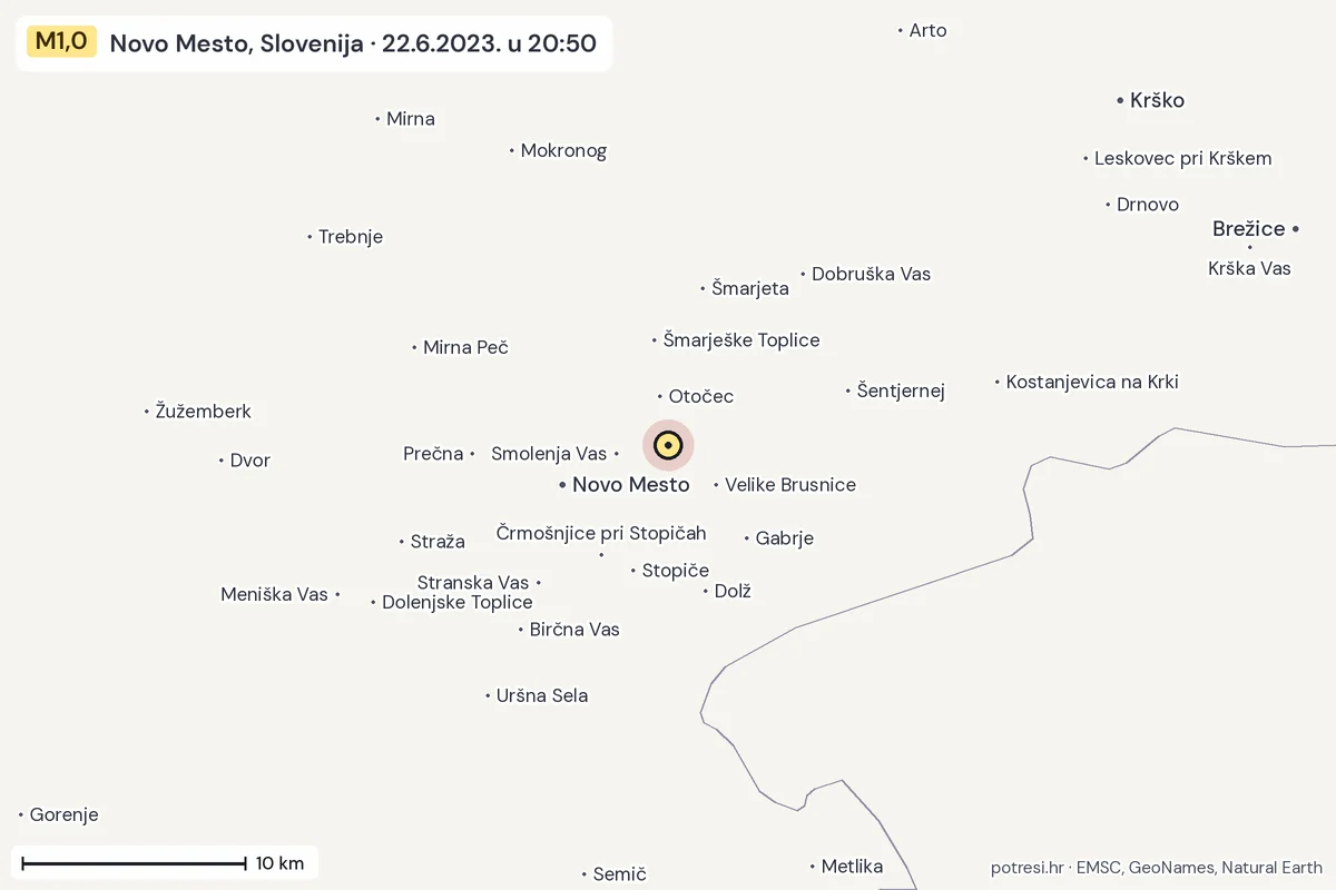 Karta: okolica epicentra, 60 km, potres M1,0, Novo Mesto, Slovenija, 22.6.2023.