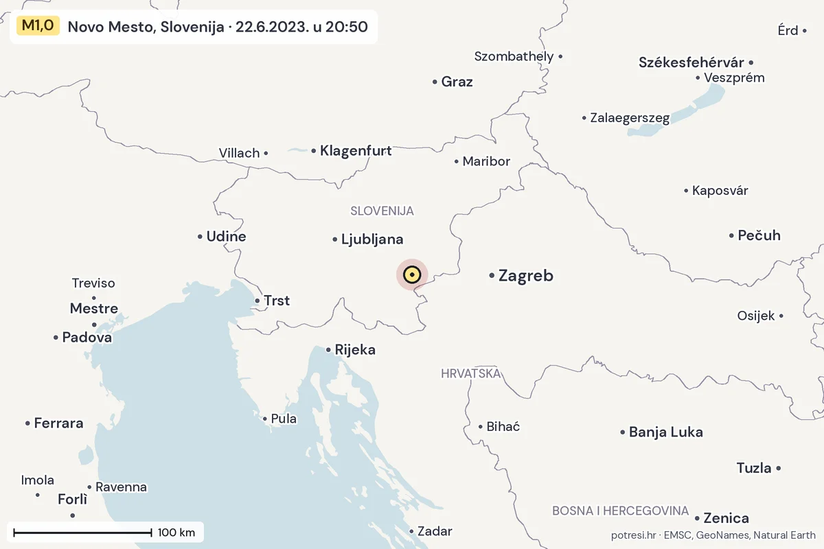 Karta: šire područje, 600 km, potres M1,0, Novo Mesto, Slovenija, 22.6.2023.