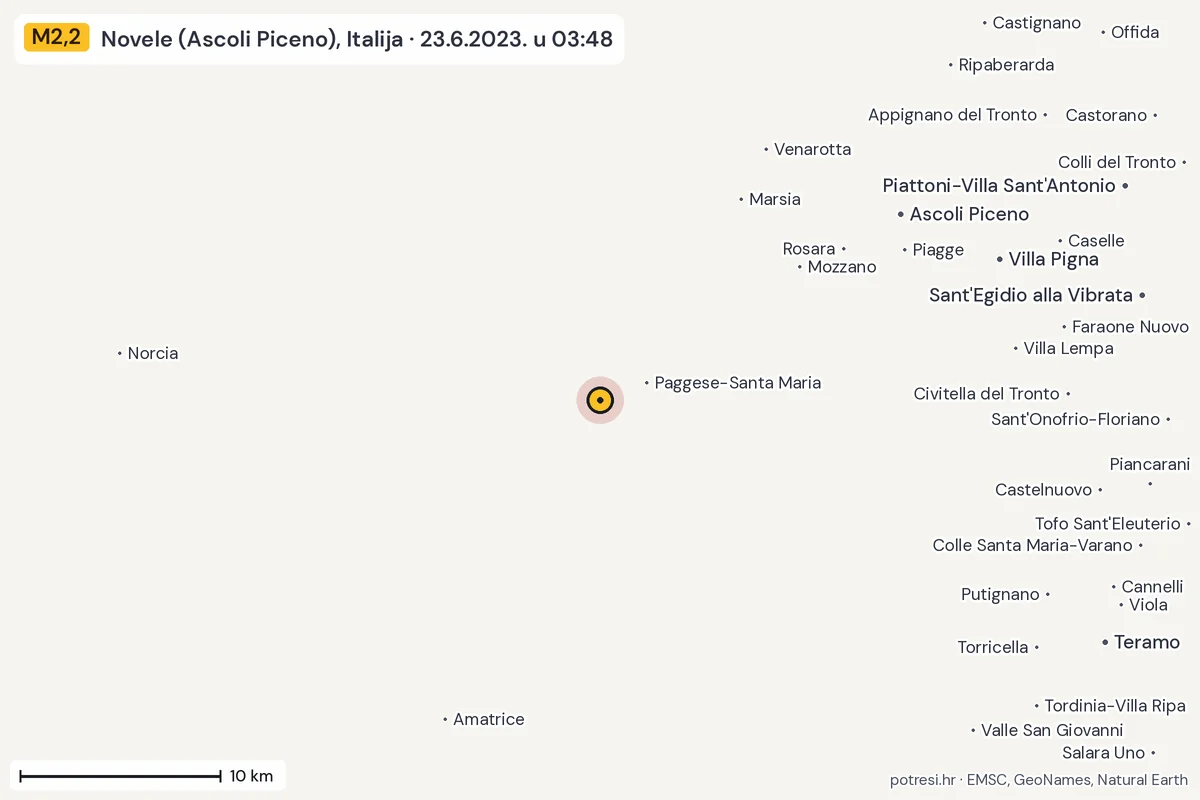Karta: okolica epicentra, 60 km, potres M2,2, Novele (Ascoli Piceno), Italija, 23.6.2023.