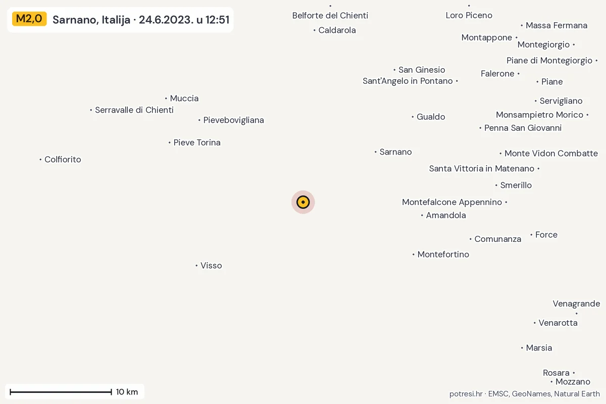 Karta: okolica epicentra, 60 km, potres M2,0, Sarnano, Italija, 24.6.2023.