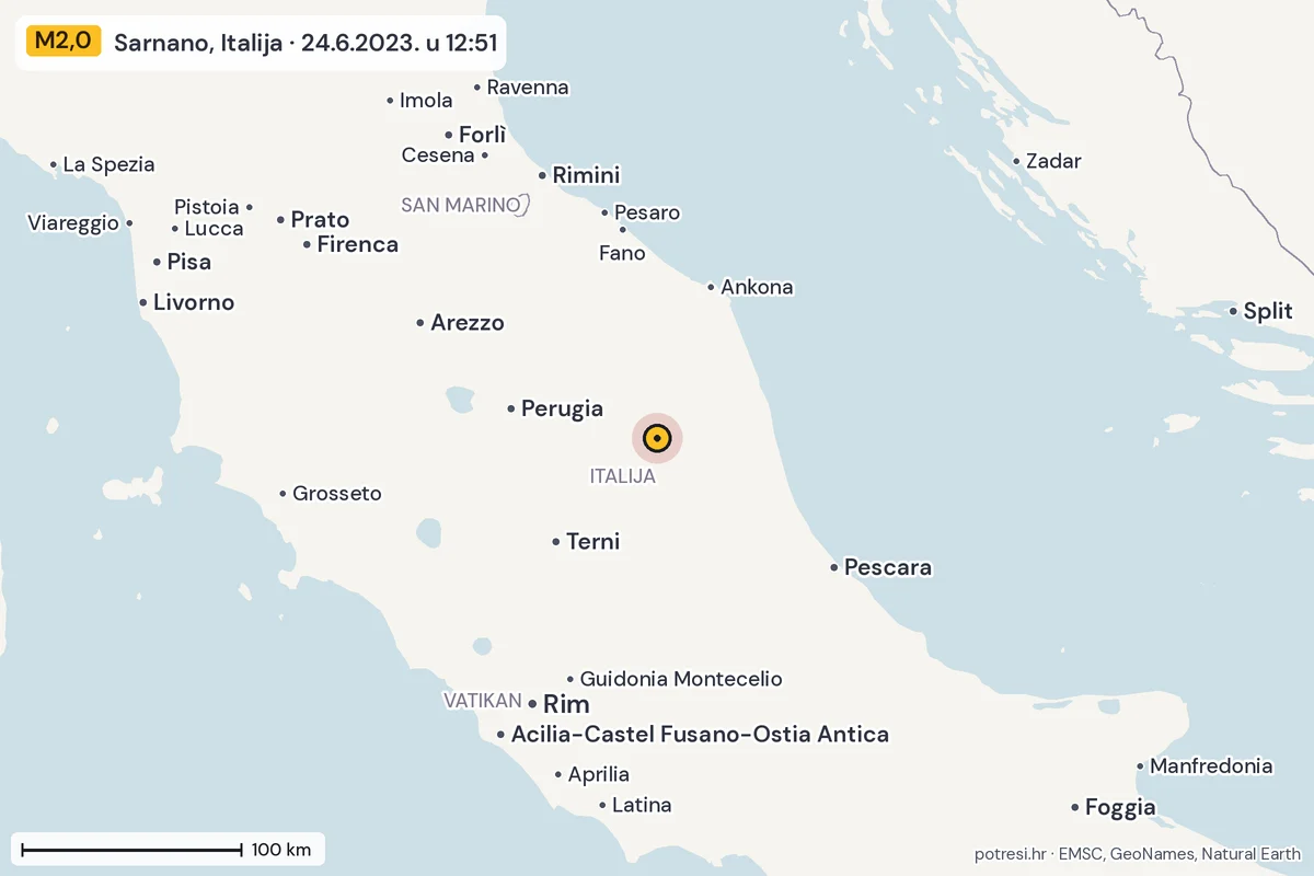 Karta: šire područje, 600 km, potres M2,0, Sarnano, Italija, 24.6.2023.