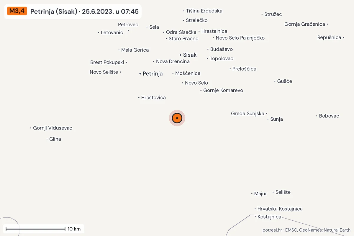 Karta: okolica epicentra, 60 km, potres M3,4, Petrinja (Sisak), 25.6.2023.