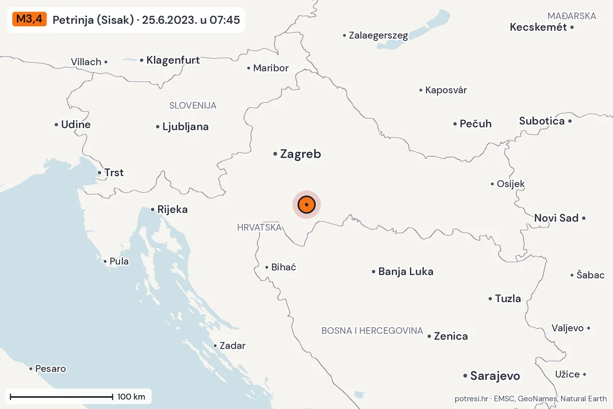 Karta: šire područje, 600 km, potres M3,4, Petrinja (Sisak), 25.6.2023.