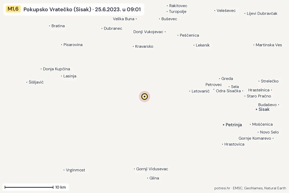 Karta: okolica epicentra, 60 km, potres M1,6, Pokupsko Vratečko (Sisak), 25.6.2023.