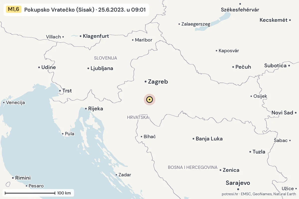 Karta: šire područje, 600 km, potres M1,6, Pokupsko Vratečko (Sisak), 25.6.2023.