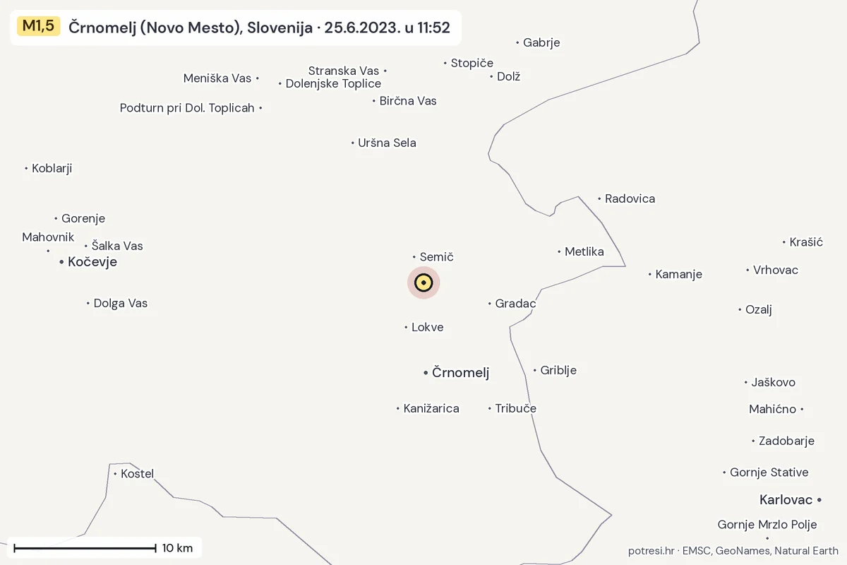 Karta: okolica epicentra, 60 km, potres M1,5, Črnomelj (Novo Mesto), Slovenija, 25.6.2023.