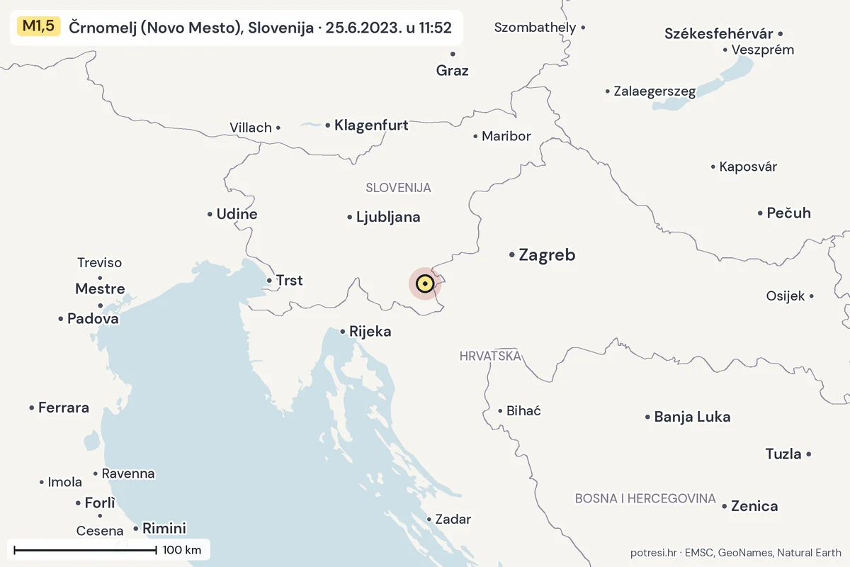 Karta: šire područje, 600 km, potres M1,5, Črnomelj (Novo Mesto), Slovenija, 25.6.2023.