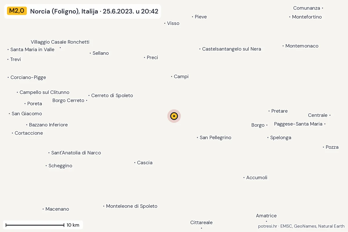 Karta: okolica epicentra, 60 km, potres M2,0, Norcia (Foligno), Italija, 25.6.2023.