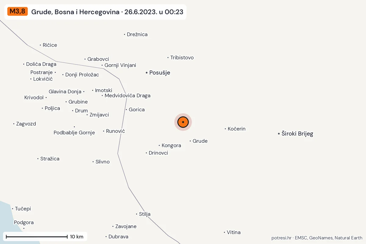 Karta: okolica epicentra, 60 km, potres M3,8, Grude, Bosna i Hercegovina, 26.6.2023.