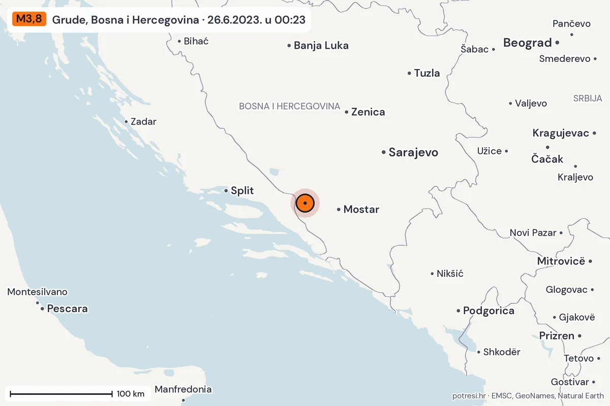 Karta: šire područje, 600 km, potres M3,8, Grude, Bosna i Hercegovina, 26.6.2023.