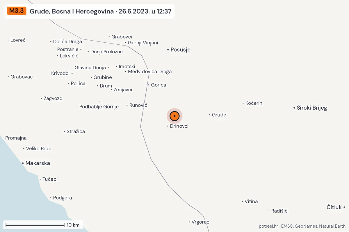 Karta: okolica epicentra, 60 km, potres M3,3, Grude, Bosna i Hercegovina, 26.6.2023.