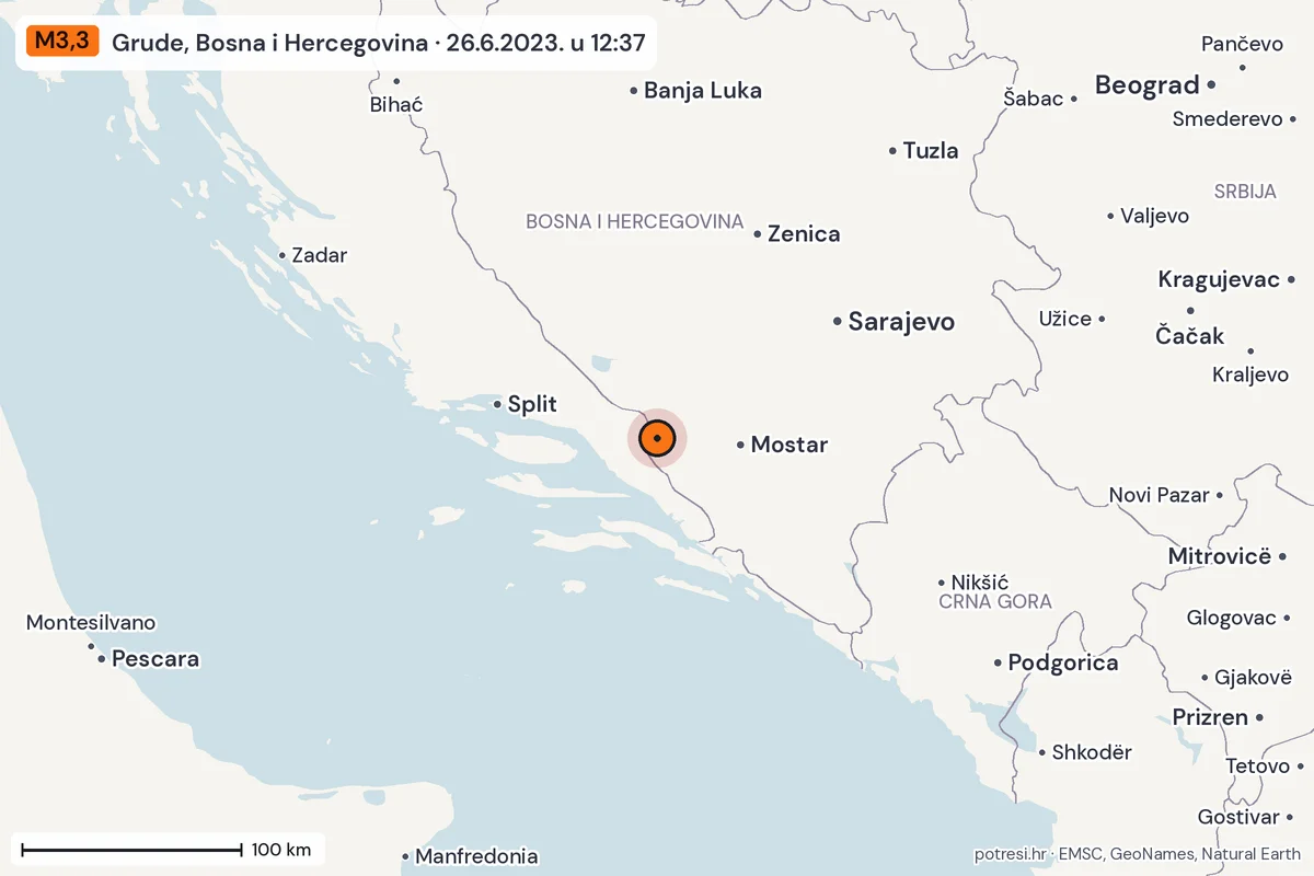 Karta: šire područje, 600 km, potres M3,3, Grude, Bosna i Hercegovina, 26.6.2023.