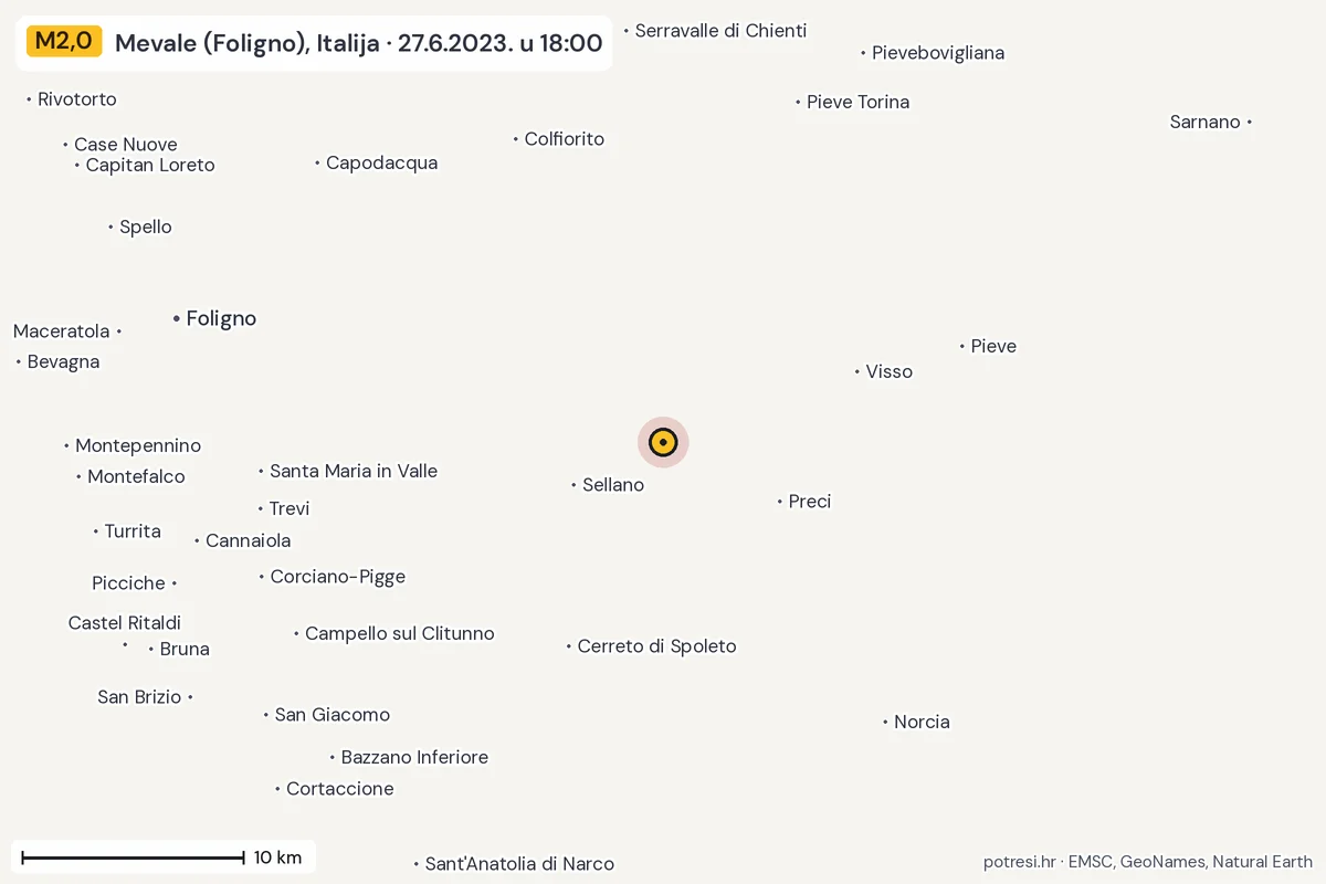 Karta: okolica epicentra, 60 km, potres M2,0, Mevale (Foligno), Italija, 27.6.2023.