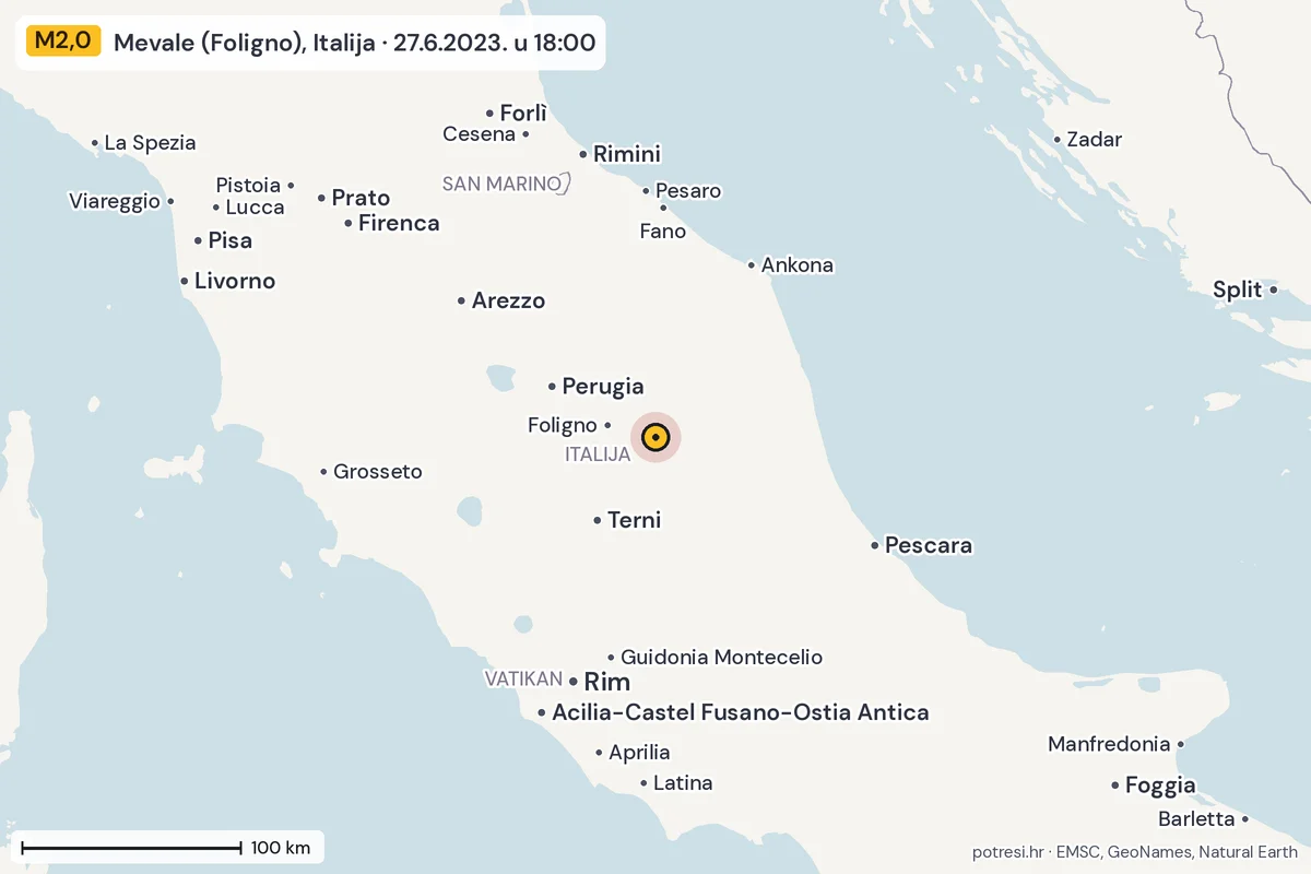 Karta: šire područje, 600 km, potres M2,0, Mevale (Foligno), Italija, 27.6.2023.