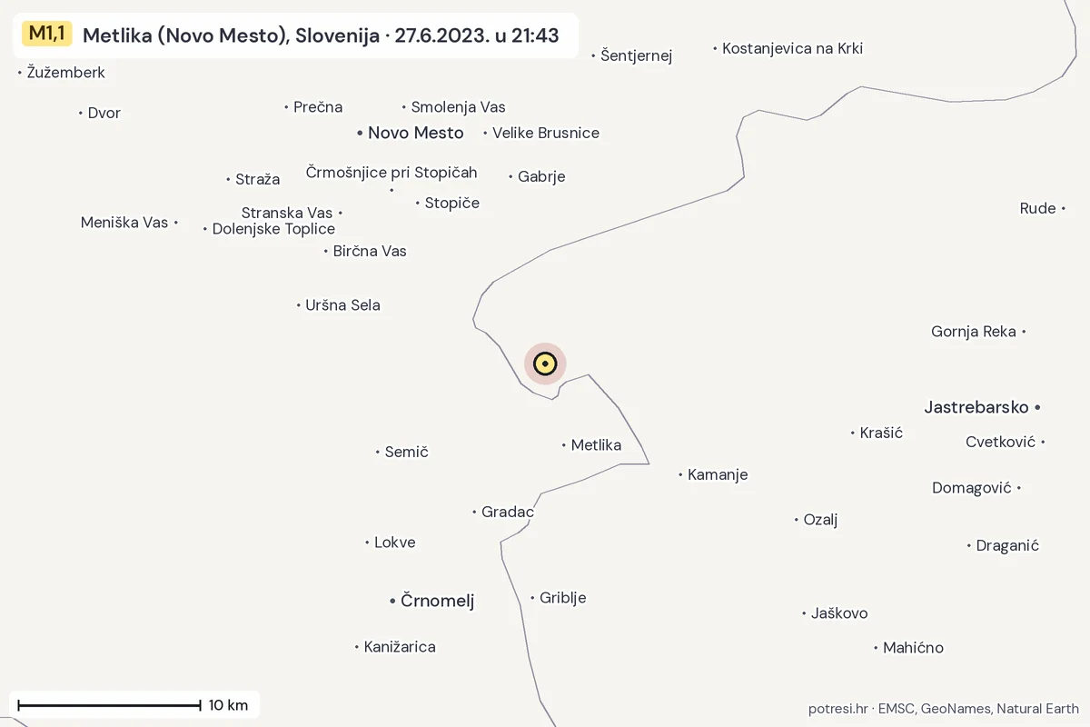 Karta: okolica epicentra, 60 km, potres M1,1, Metlika (Novo Mesto), Slovenija, 27.6.2023.