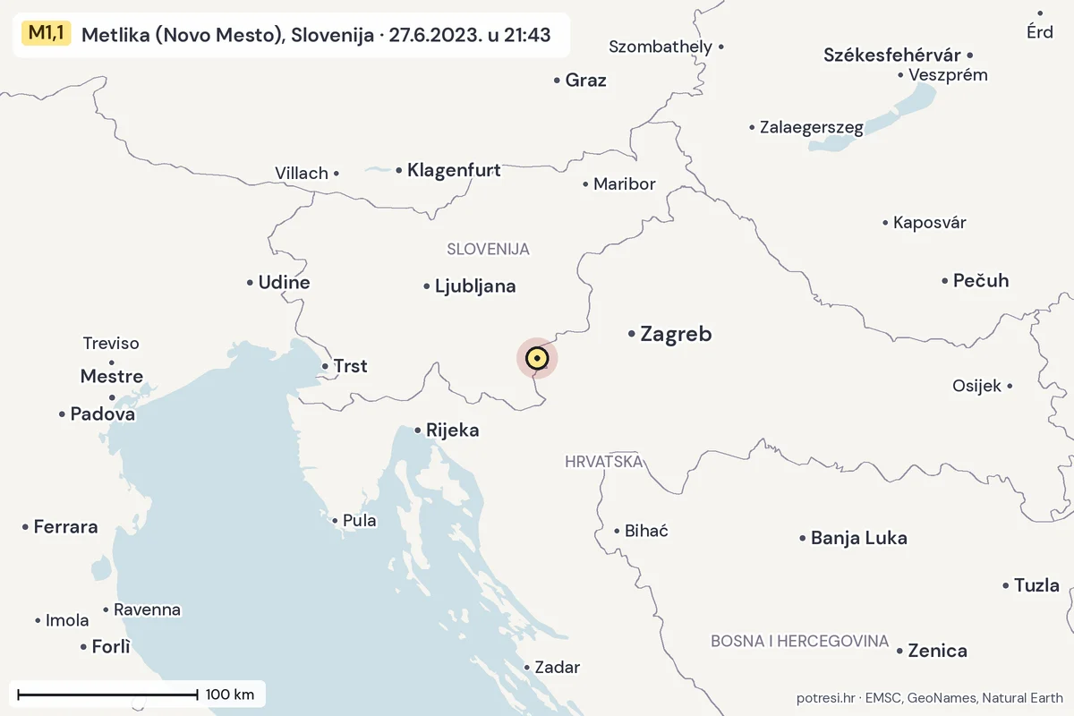 Karta: šire područje, 600 km, potres M1,1, Metlika (Novo Mesto), Slovenija, 27.6.2023.