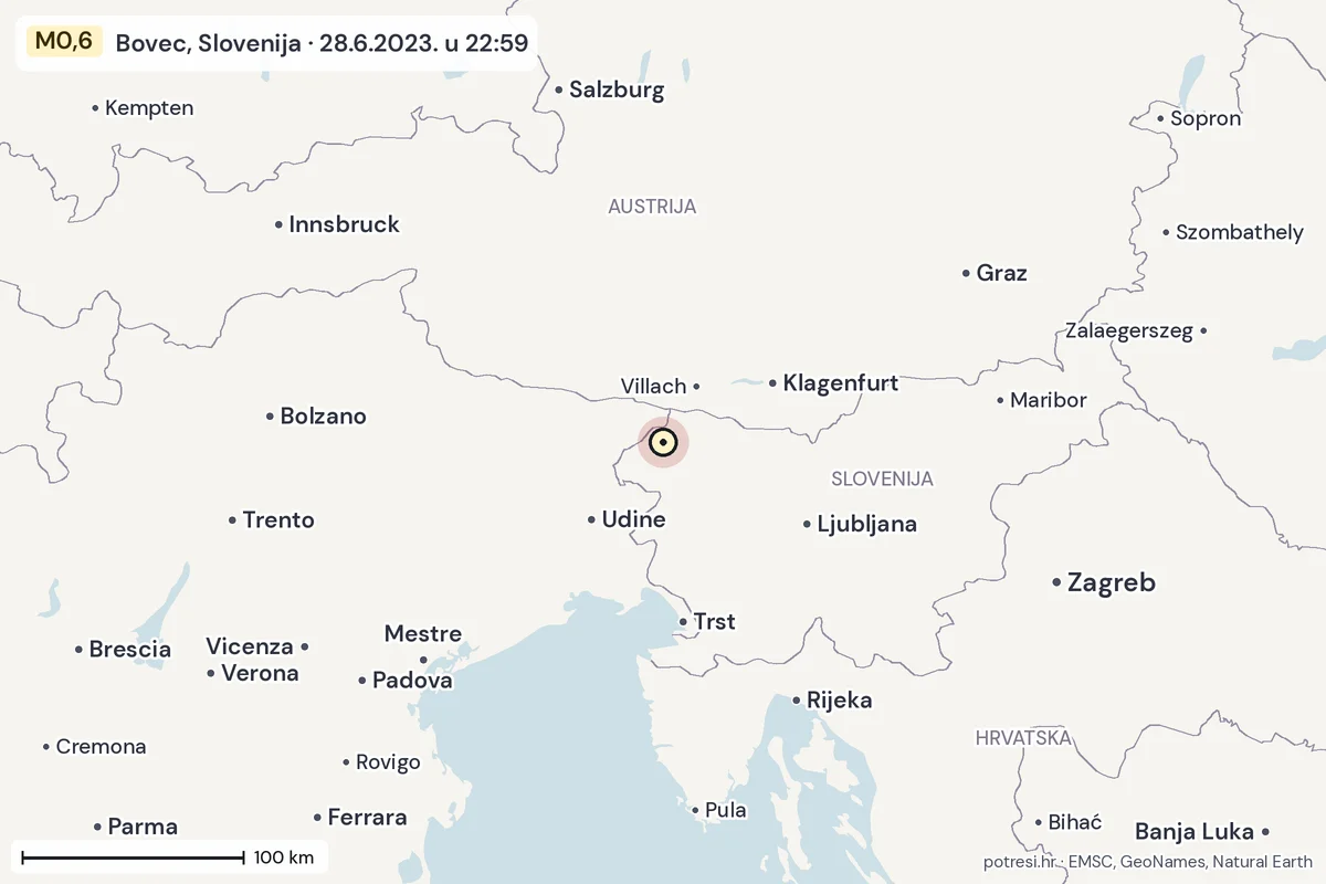 Karta: šire područje, 600 km, potres M0,6, Bovec, Slovenija, 28.6.2023.