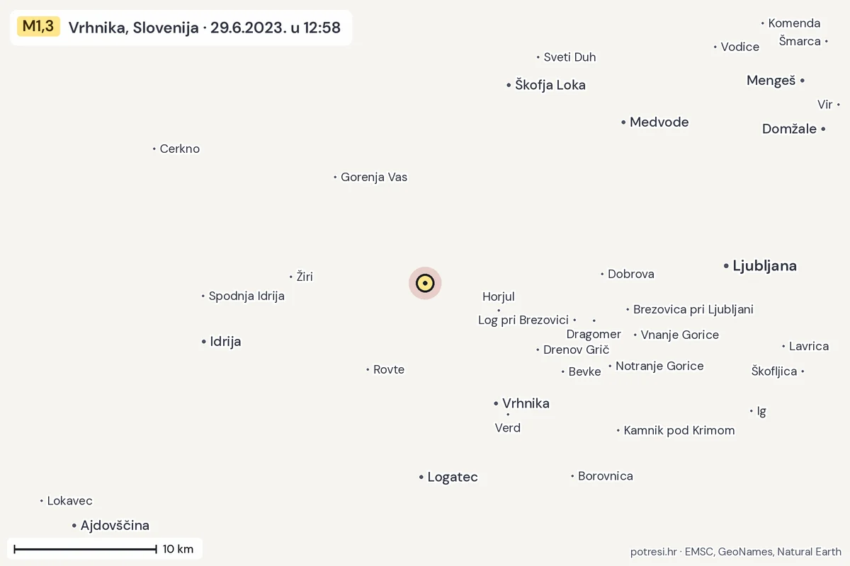 Karta: okolica epicentra, 60 km, potres M1,3, Vrhnika, Slovenija, 29.6.2023.