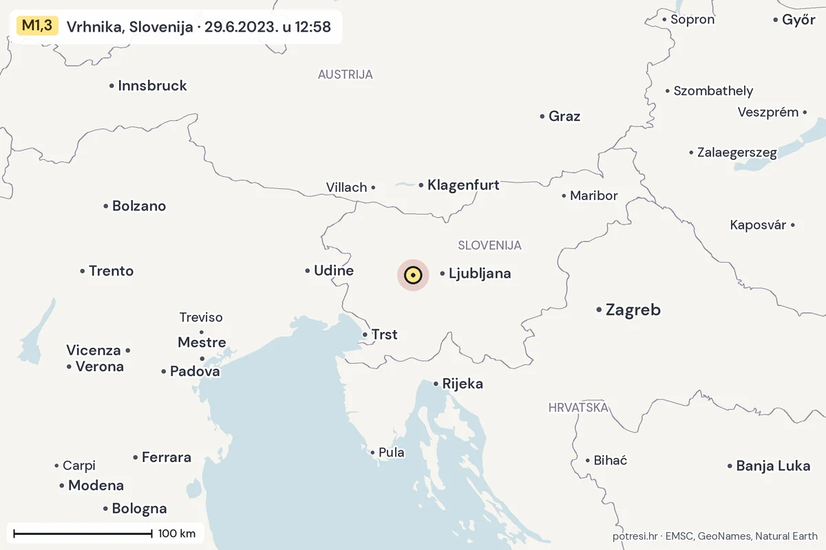 Karta: šire područje, 600 km, potres M1,3, Vrhnika, Slovenija, 29.6.2023.