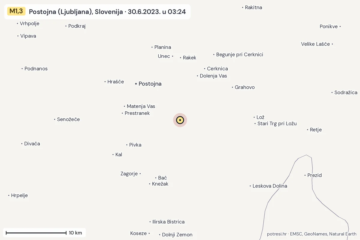 Karta: okolica epicentra, 60 km, potres M1,3, Postojna (Ljubljana), Slovenija, 30.6.2023.