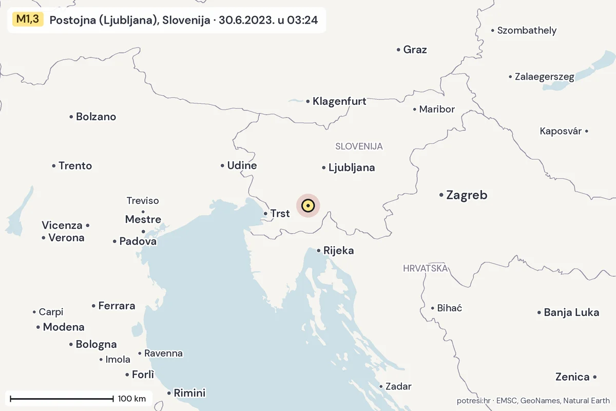 Karta: šire područje, 600 km, potres M1,3, Postojna (Ljubljana), Slovenija, 30.6.2023.
