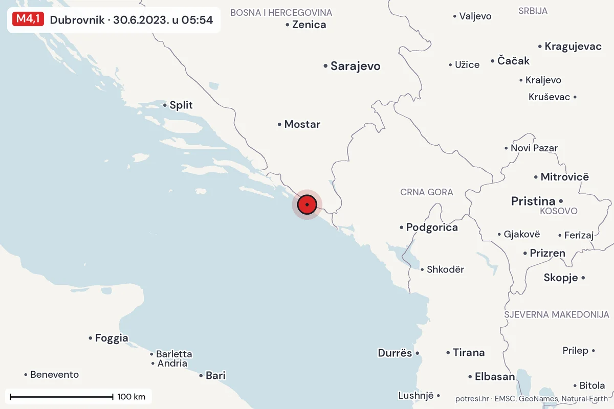 Karta: šire područje, 600 km, potres M4,1, Dubrovnik, 30.6.2023.