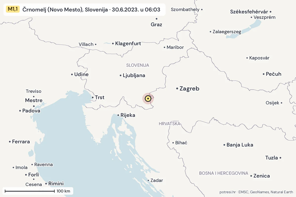 Karta: šire područje, 600 km, potres M1,1, Črnomelj (Novo Mesto), Slovenija, 30.6.2023.