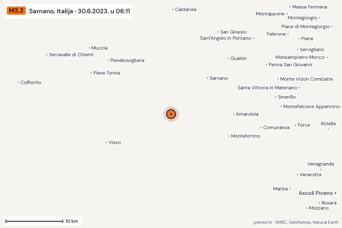 Karta: okolica epicentra, 60 km, potres M3,3, Sarnano, Italija, 30.6.2023.