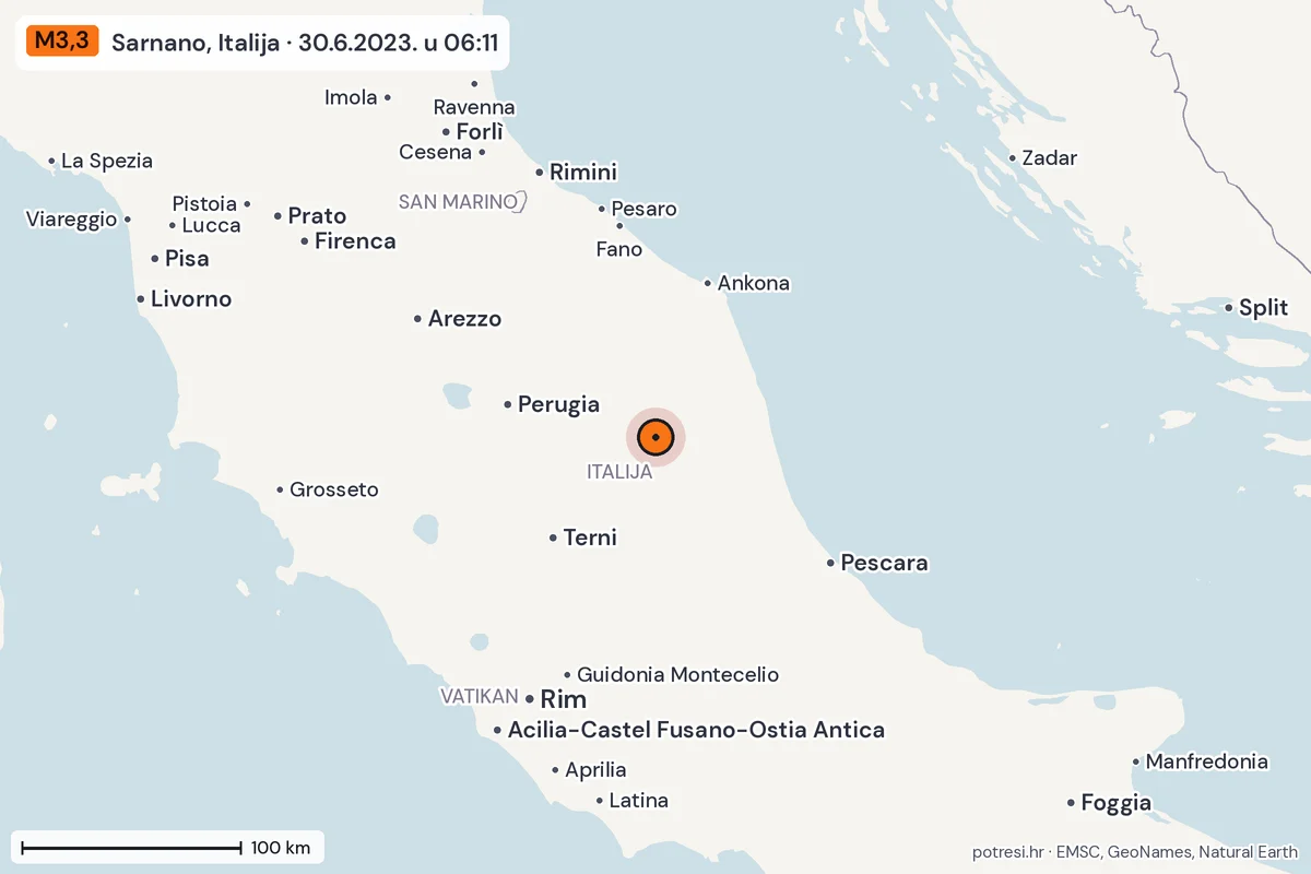 Karta: šire područje, 600 km, potres M3,3, Sarnano, Italija, 30.6.2023.