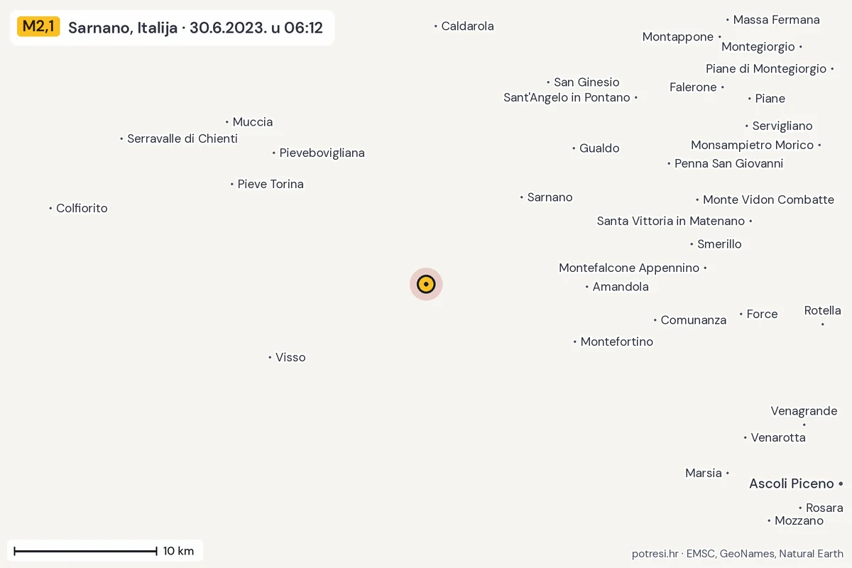 Karta: okolica epicentra, 60 km, potres M2,1, Sarnano, Italija, 30.6.2023.