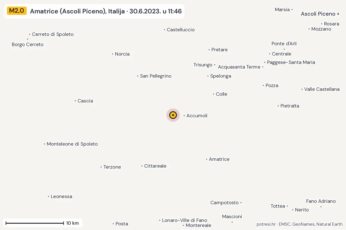 Karta: okolica epicentra, 60 km, potres M2,0, Amatrice (Ascoli Piceno), Italija, 30.6.2023.