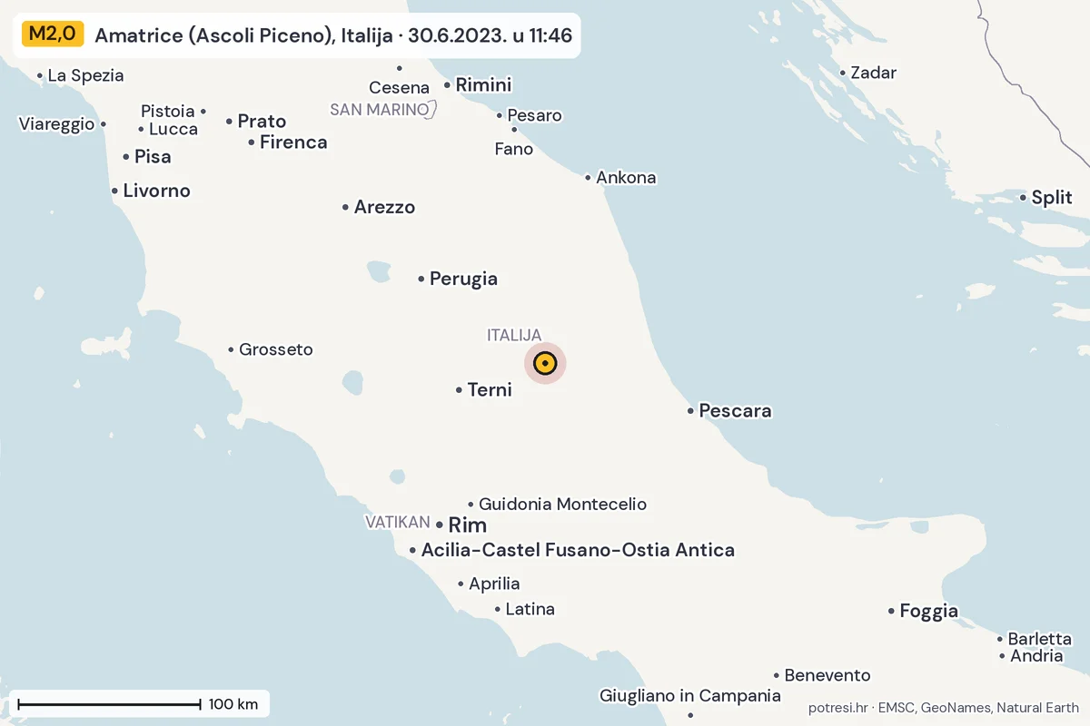 Karta: šire područje, 600 km, potres M2,0, Amatrice (Ascoli Piceno), Italija, 30.6.2023.
