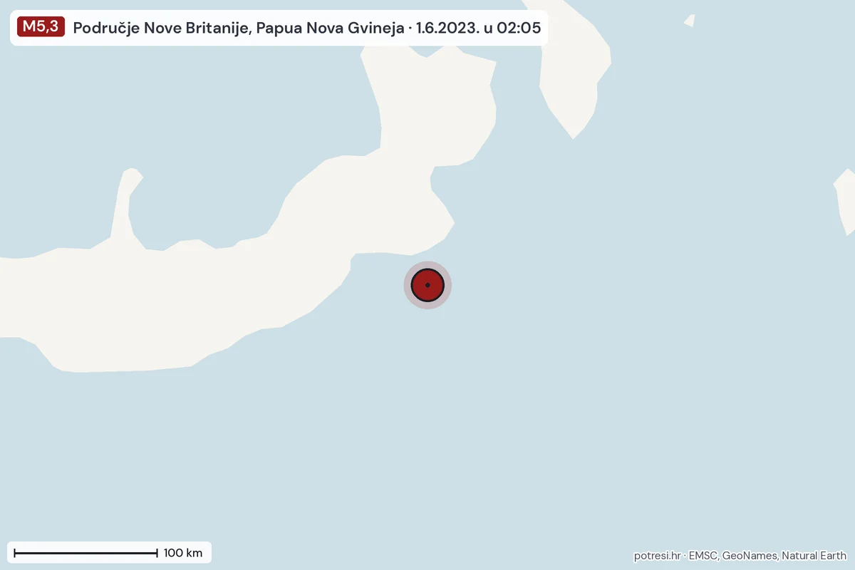 Karta: šire područje, 600 km, potres M5,3, Područje Nove Britanije, Papua Nova Gvineja, 1.6.2023.