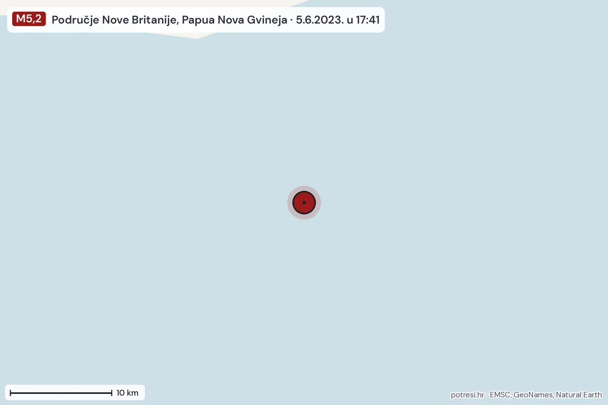 Karta: okolica epicentra, 60 km, potres M5,2, Područje Nove Britanije, Papua Nova Gvineja, 5.6.2023.