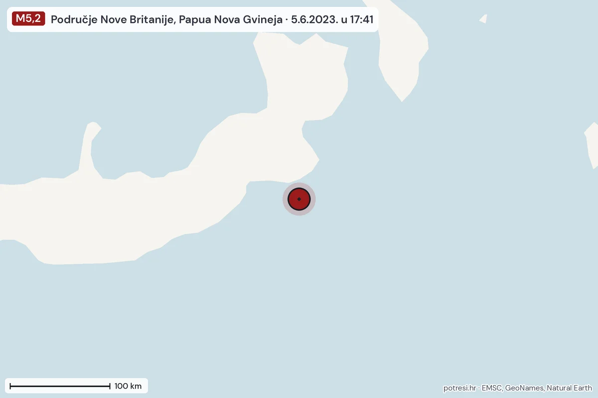 Karta: šire područje, 600 km, potres M5,2, Područje Nove Britanije, Papua Nova Gvineja, 5.6.2023.