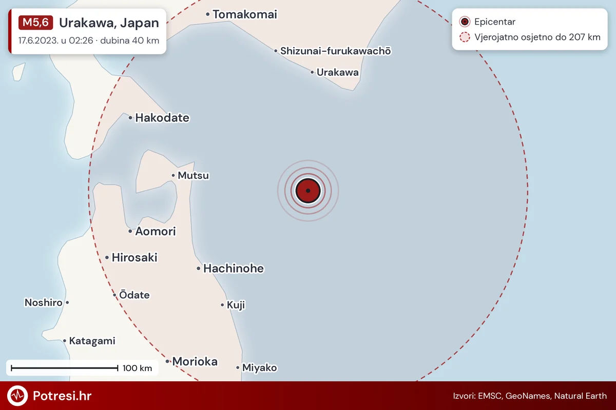 Karta: šire područje i vjerojatni doseg osjeta, potres M5,6, Urakawa, Japan, 17.6.2023.