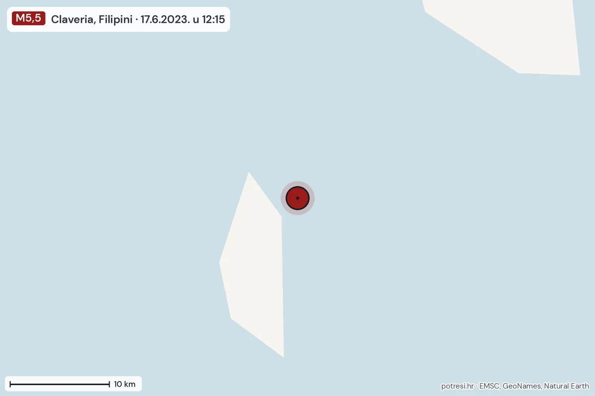 Karta: okolica epicentra, 60 km, potres M5,5, Claveria, Filipini, 17.6.2023.