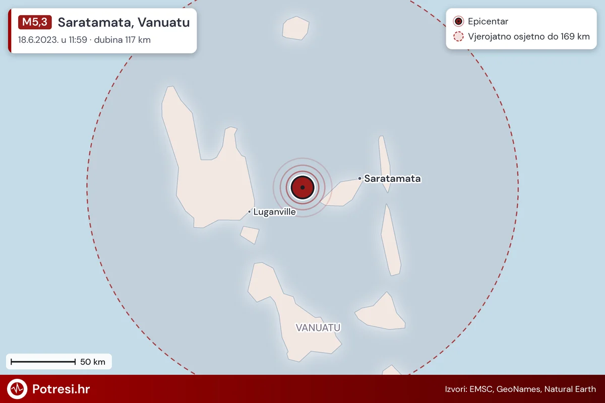 Karta: šire područje i vjerojatni doseg osjeta, potres M5,3, Saratamata, Vanuatu, 18.6.2023.