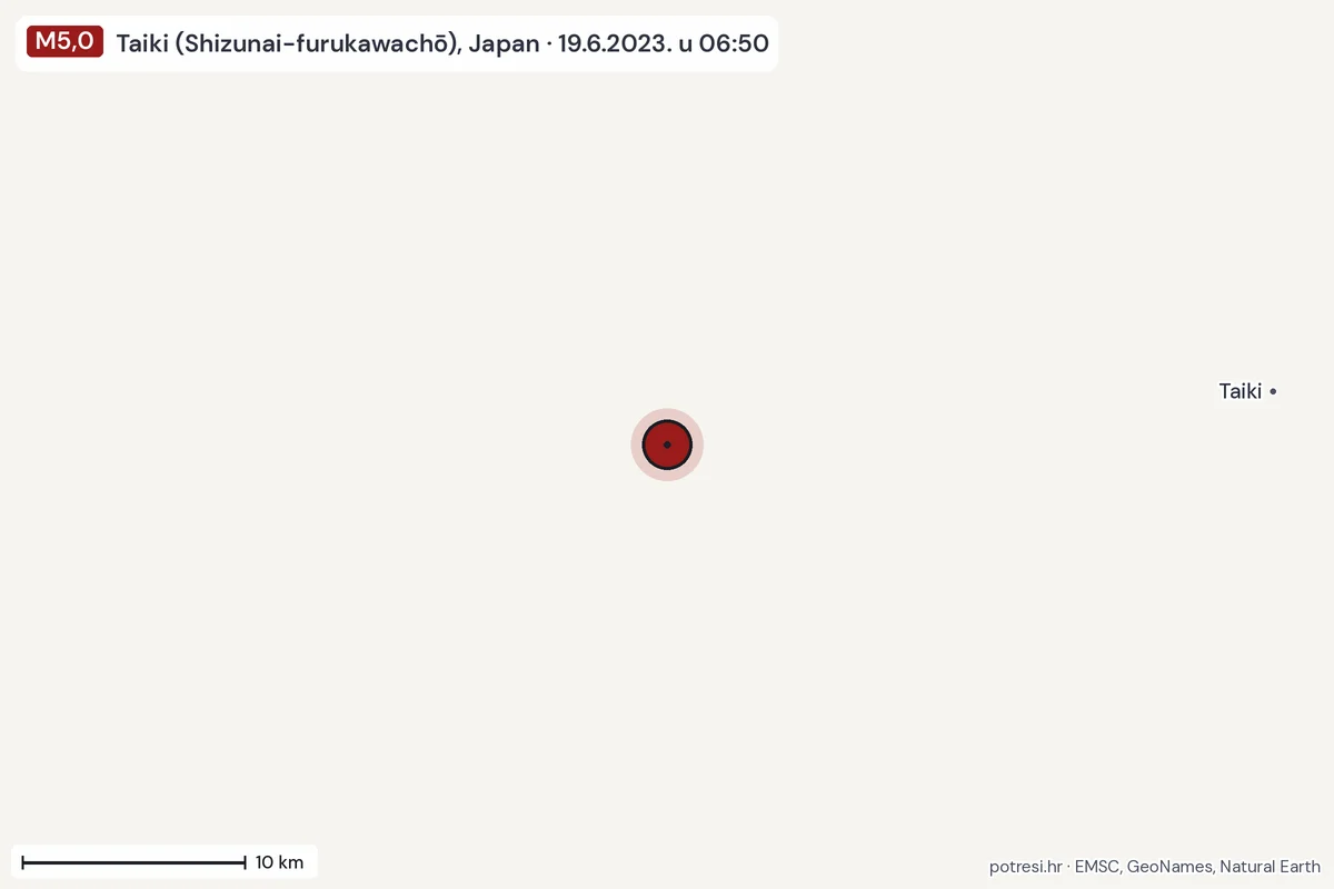 Karta: okolica epicentra, 60 km, potres M5,0, Taiki (Shizunai-furukawachō), Japan, 19.6.2023.