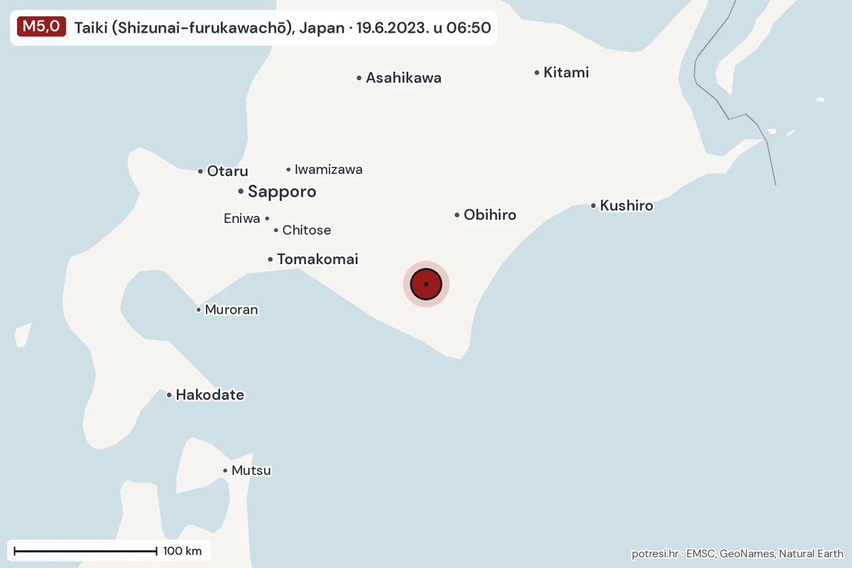 Karta: šire područje, 600 km, potres M5,0, Taiki (Shizunai-furukawachō), Japan, 19.6.2023.