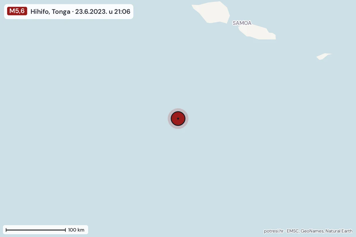 Karta: šire područje, 600 km, potres M5,6, Hihifo, Tonga, 23.6.2023.