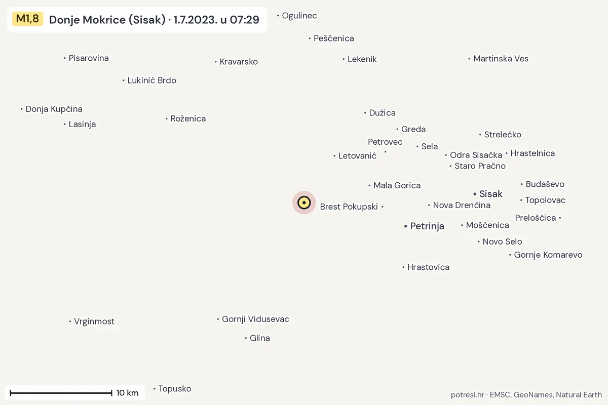 Karta: okolica epicentra, 60 km, potres M1,8, Donje Mokrice (Sisak), 1.7.2023.