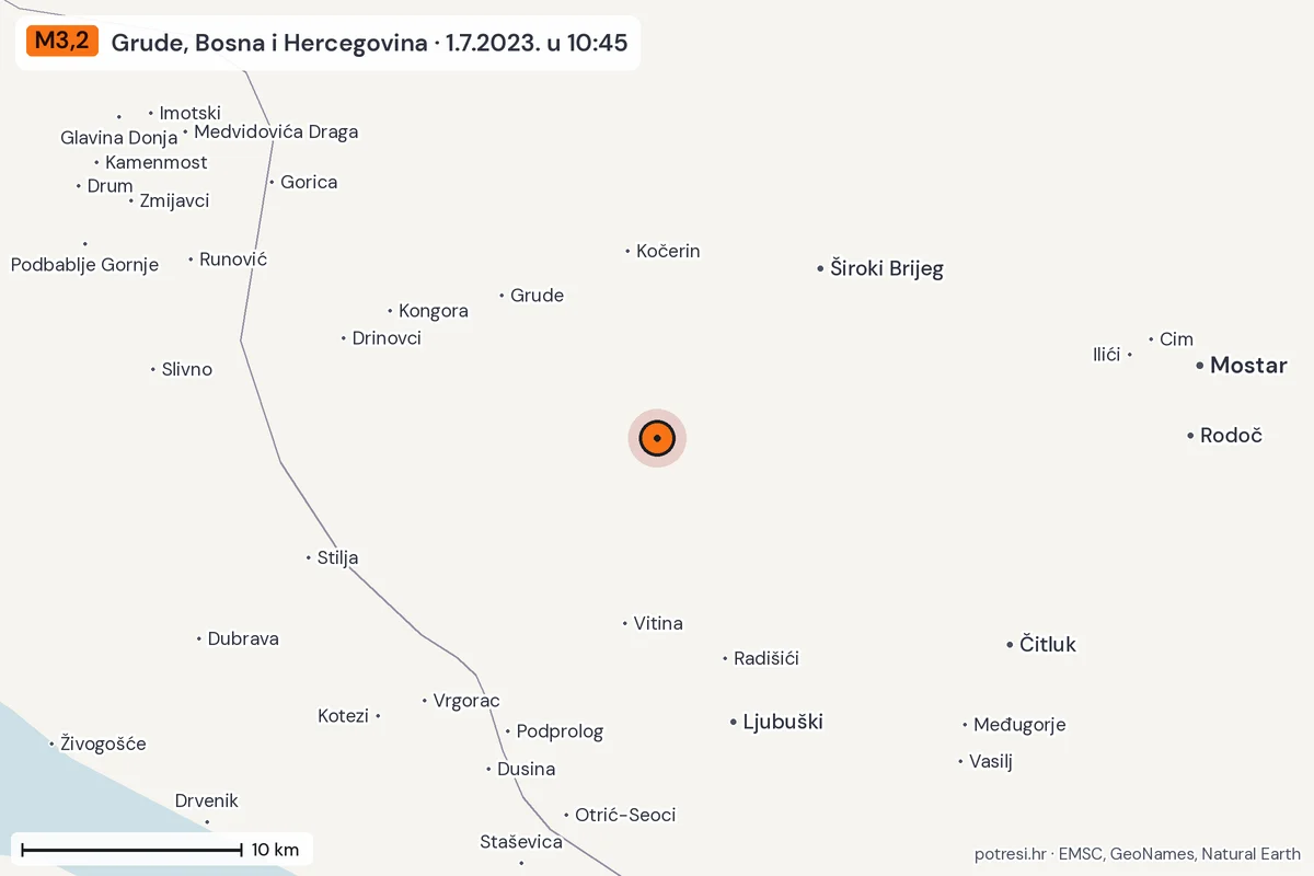 Karta: okolica epicentra, 60 km, potres M3,2, Grude, Bosna i Hercegovina, 1.7.2023.