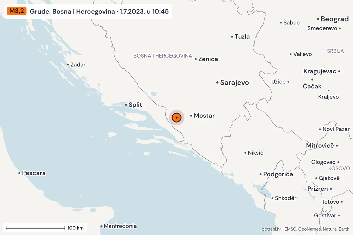 Karta: šire područje, 600 km, potres M3,2, Grude, Bosna i Hercegovina, 1.7.2023.