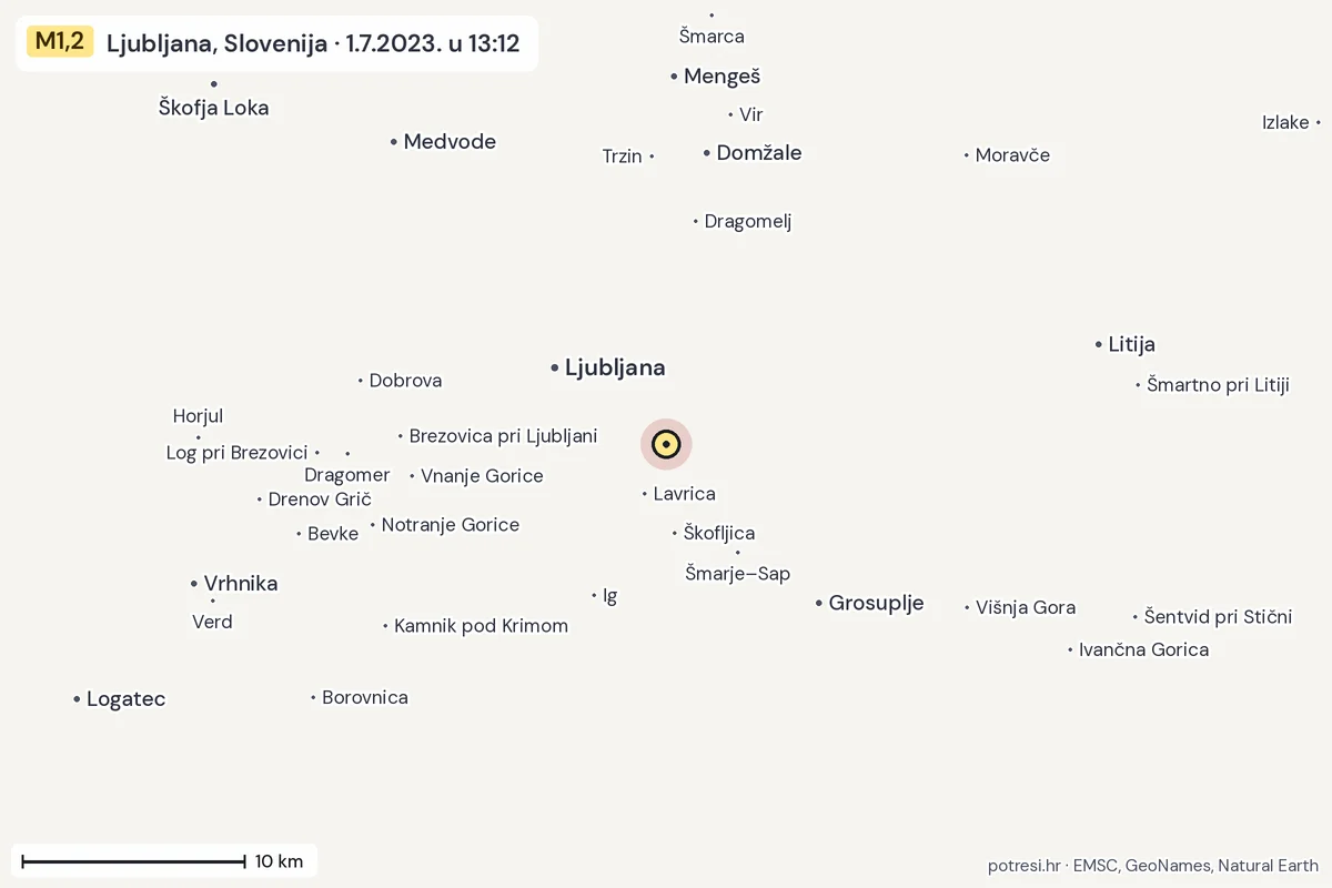 Karta: okolica epicentra, 60 km, potres M1,2, Ljubljana, Slovenija, 1.7.2023.