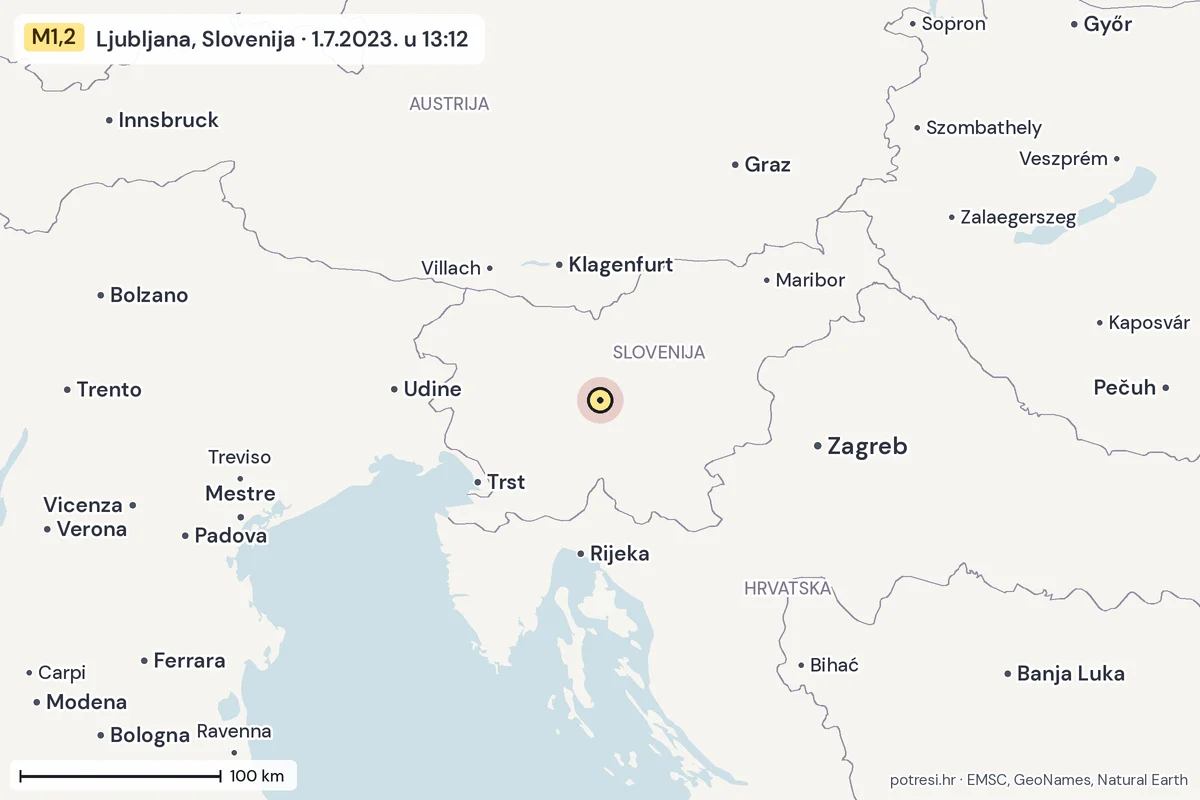 Karta: šire područje, 600 km, potres M1,2, Ljubljana, Slovenija, 1.7.2023.