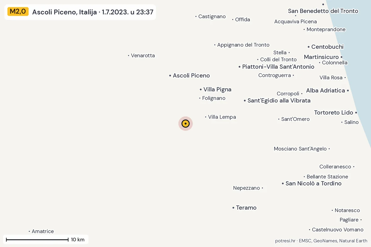 Karta: okolica epicentra, 60 km, potres M2,0, Ascoli Piceno, Italija, 1.7.2023.