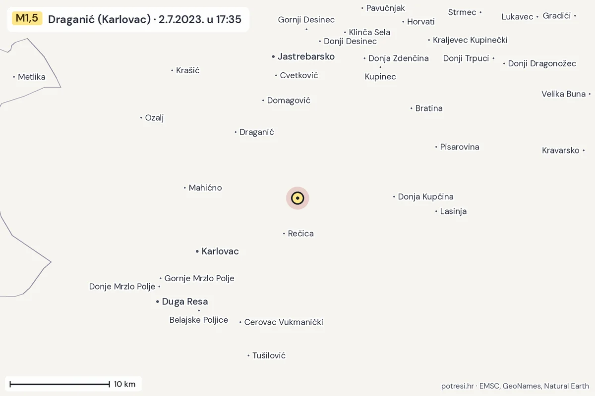 Karta: okolica epicentra, 60 km, potres M1,5, Draganić (Karlovac), 2.7.2023.